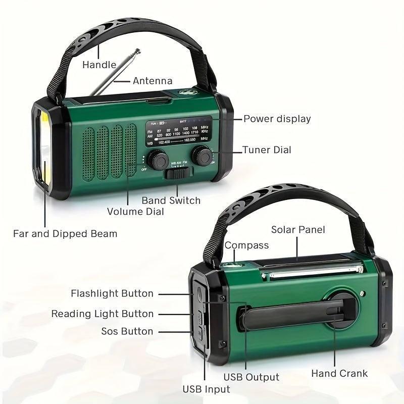 Emergency Radio with 10,000 mAh Power Bank | Solar, Crank & USB-C Charging | LED Light, SOS Alarm & Compass | AM/FM/NOAA
