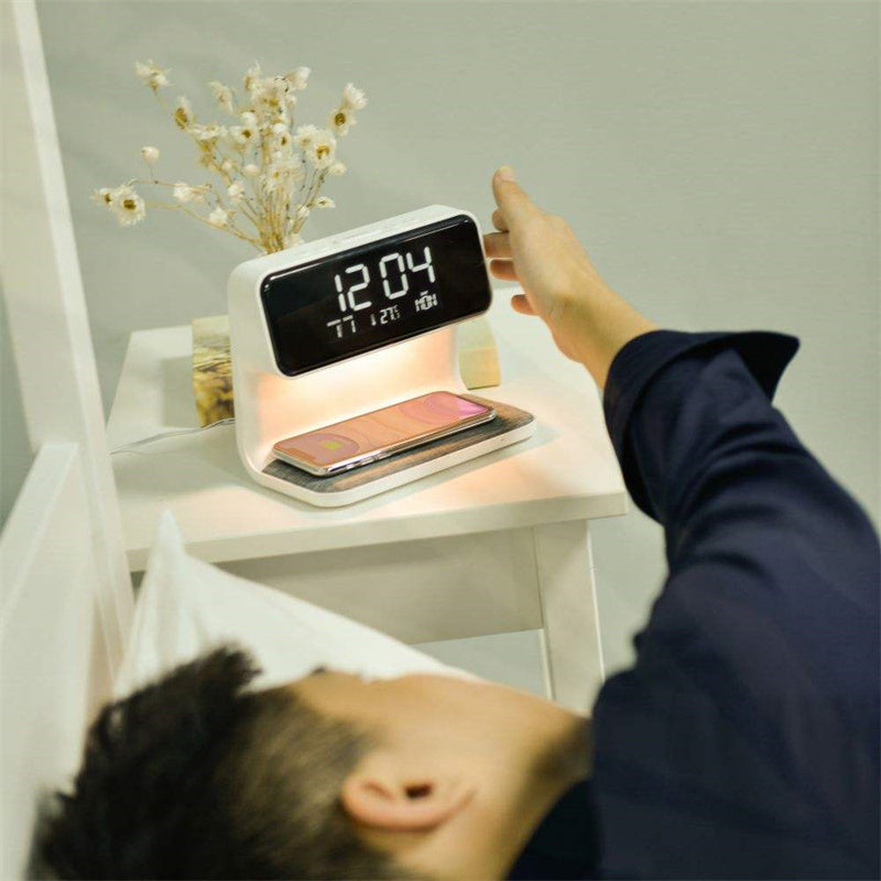 3-in-1 Bedside Lamp with Wireless Charging – LCD Alarm Clock & Touch Dimmable LED Table Light