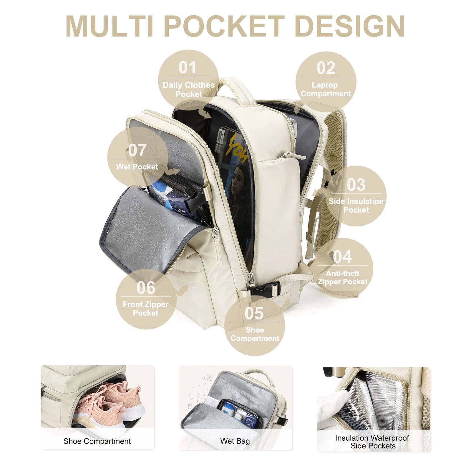Women's 35L Travel Backpack | Waterproof with USB Port | Anti-Theft Design & Shoe Compartment | Ideal for Hiking, Daily Use & Travel