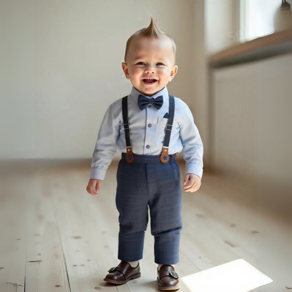 Trendy Boys' 3-Piece Suit – Blue Shirt, Vest, Pants, and Bow Tie