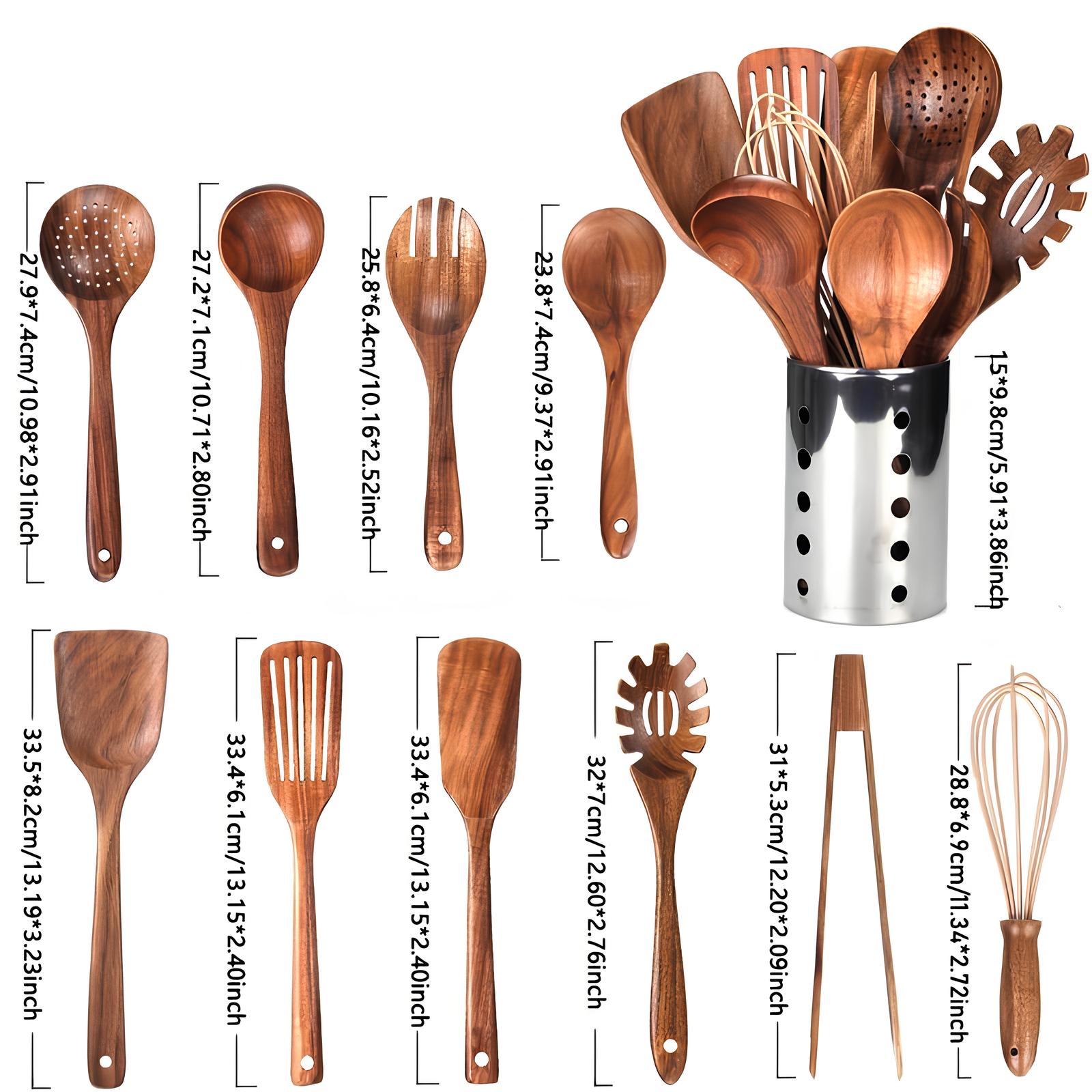 11-Piece Natural Teak Kitchen Utensil Set with Holder