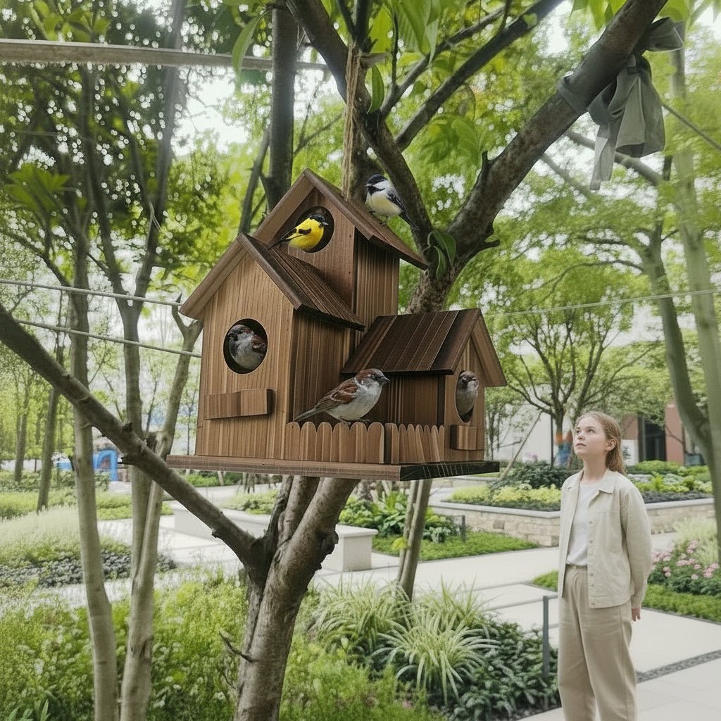 Rustic Solid Wood Birdhouse with Multiple Nesting Chambers for Outdoor Use