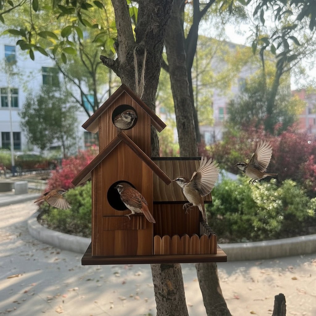 Rustic Solid Wood Birdhouse with Multiple Nesting Chambers for Outdoor Use