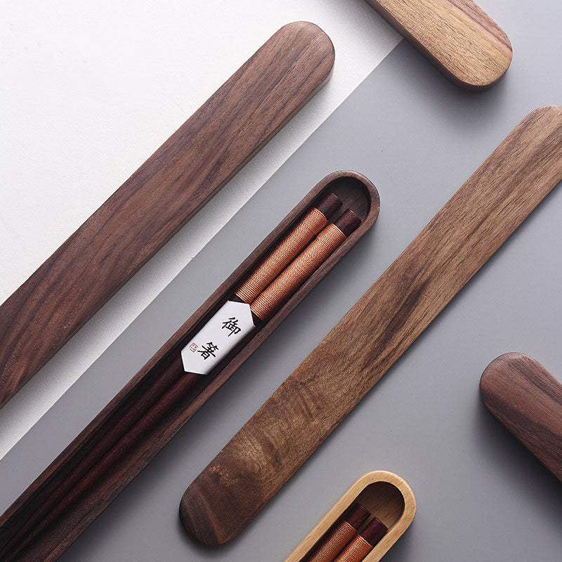 Black Walnut Chopsticks with Decorative Thread in Wooden Box