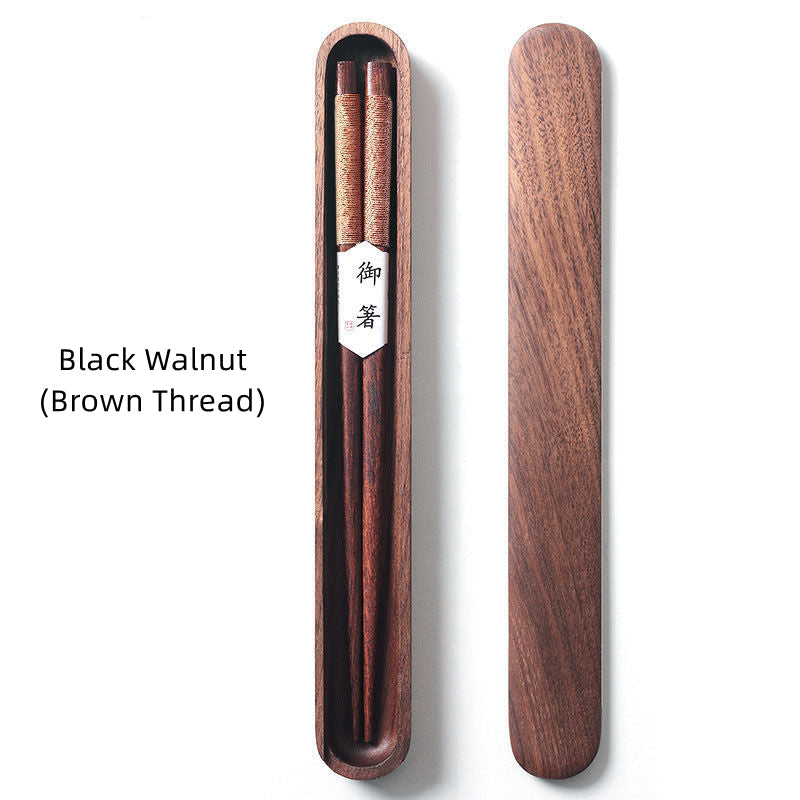 Black Walnut Chopsticks with Decorative Thread in Wooden Box