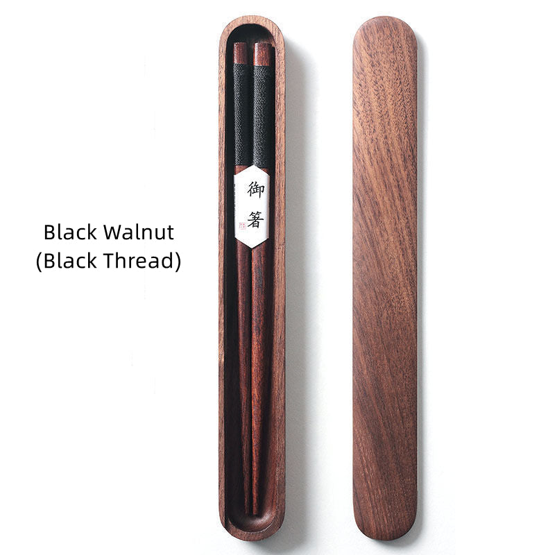 Black Walnut Chopsticks with Decorative Thread in Wooden Box