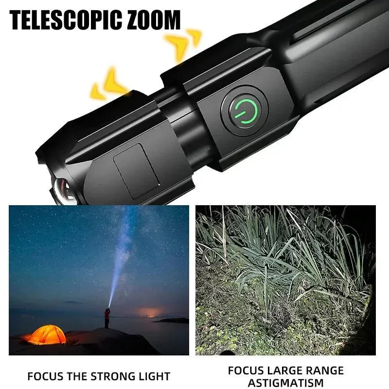 Powerful LED Flashlight with 100,000 Lumens, USB Charging & Waterproof Zoom Design