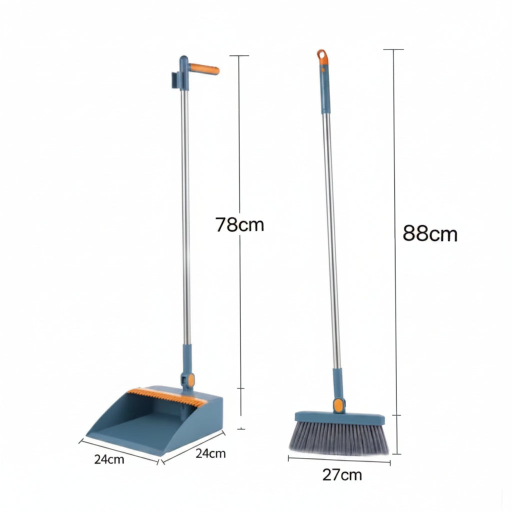 Rotatable Long Handle Broom and Dustpan Set with Built-In Comb Teeth