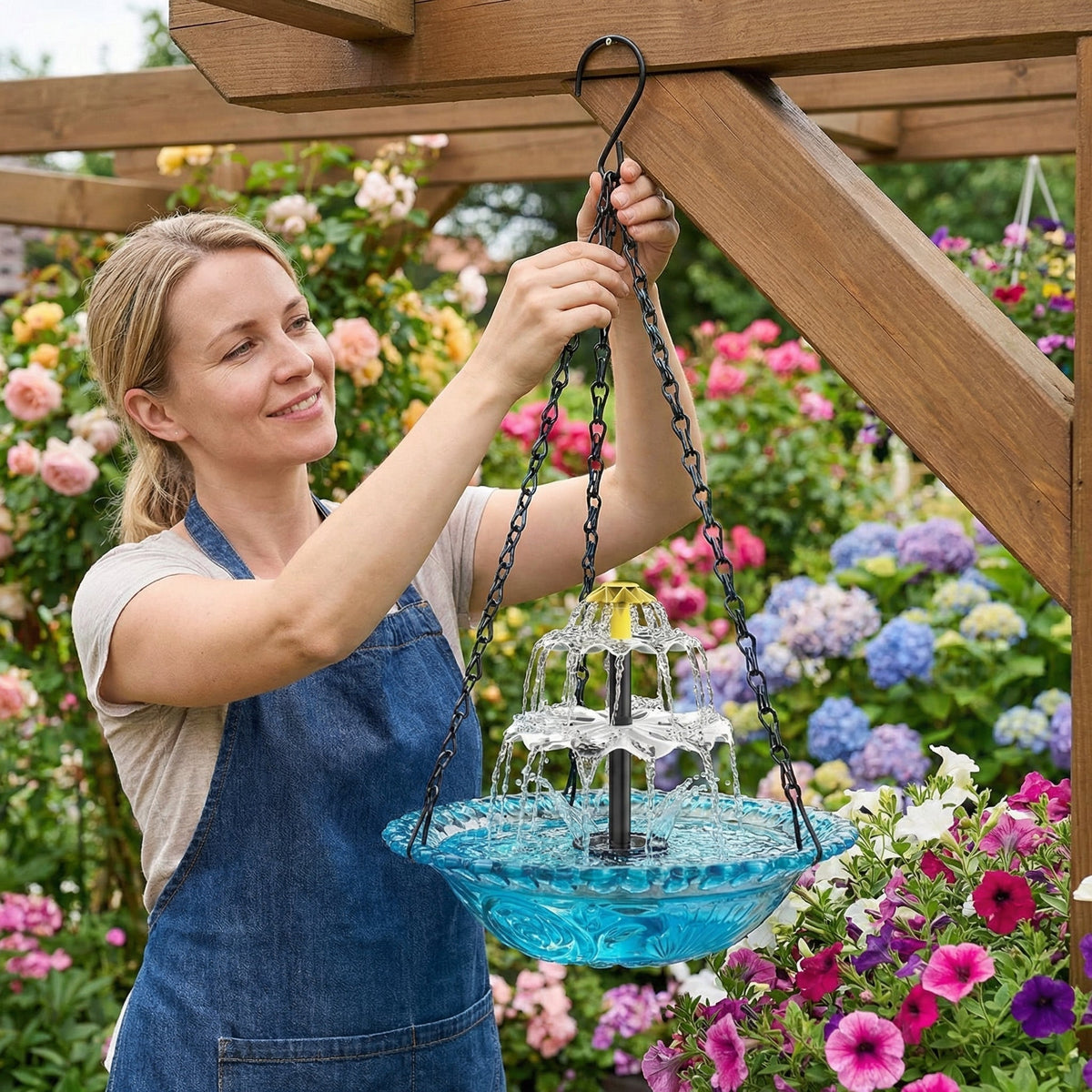 Solar-Powered Two-Tier Hanging Bird Bath with Fountain | Glass Bowl