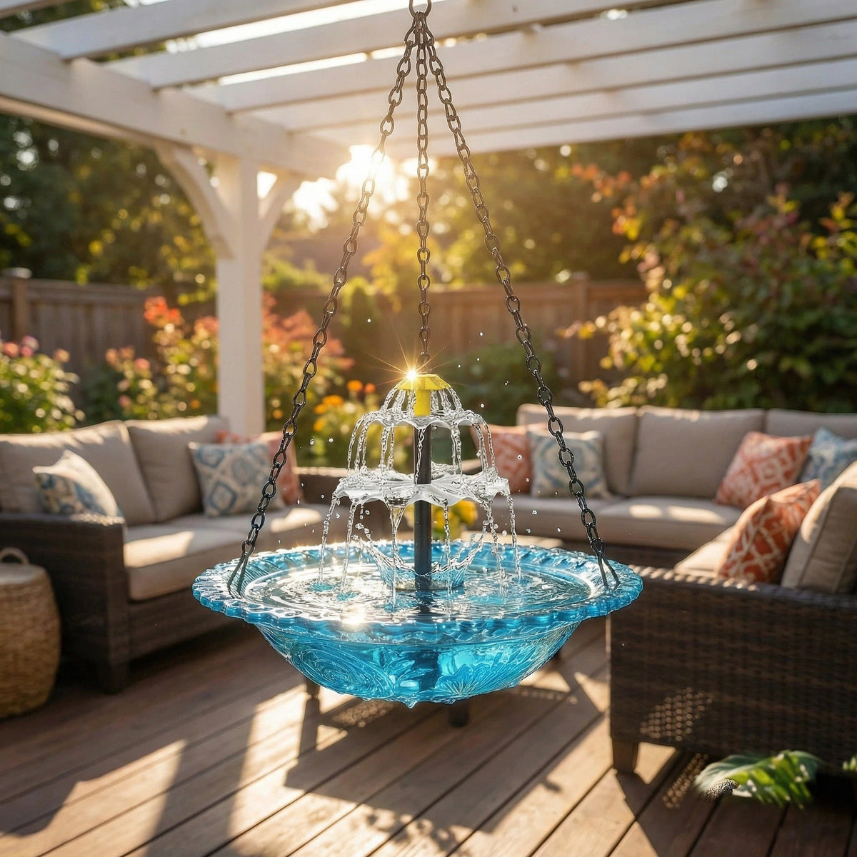 Solar-Powered Two-Tier Hanging Bird Bath with Fountain | Glass Bowl