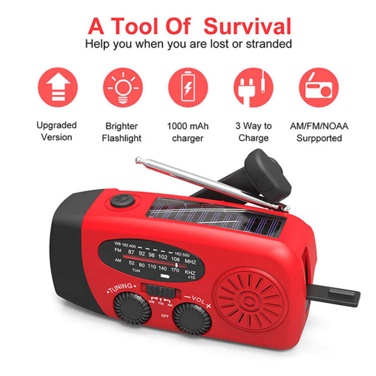 Self-Powered Emergency Radio – Hand Crank, Solar, Flashlight & Power Bank – FM/AM Radio, Essential for Disasters and Emergencies