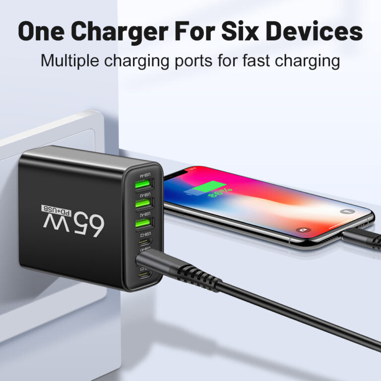 65W 6-in-1 Fast Charger – Charge Up to 6 Devices at Once – Perfect for Home, Office, and Travel