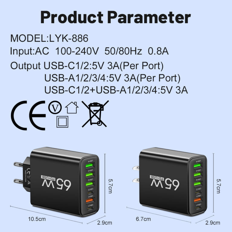 65W 6-in-1 Fast Charger – Charge Up to 6 Devices at Once – Perfect for Home, Office, and Travel