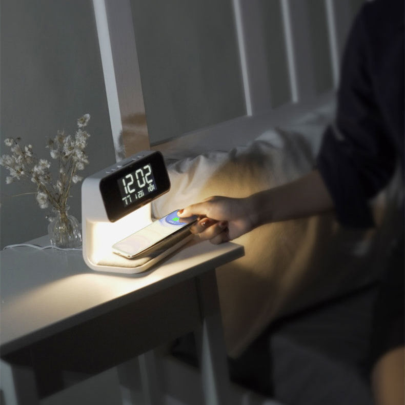3-in-1 Bedside Lamp with Wireless Charging – LCD Alarm Clock & Touch Dimmable LED Table Light