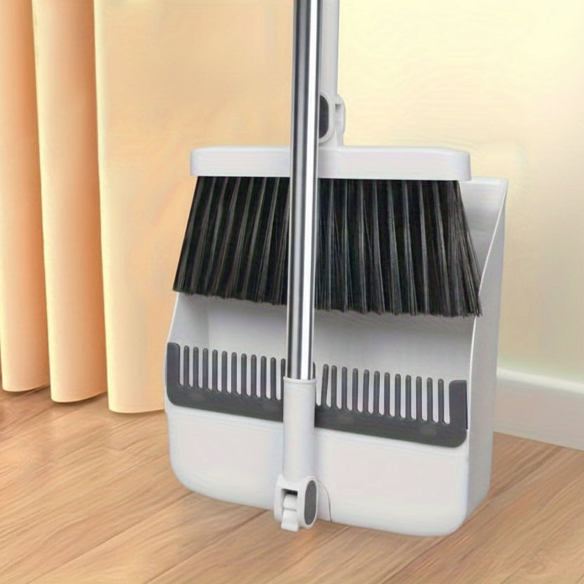 Rotatable Long Handle Broom and Dustpan Set with Built-In Comb Teeth