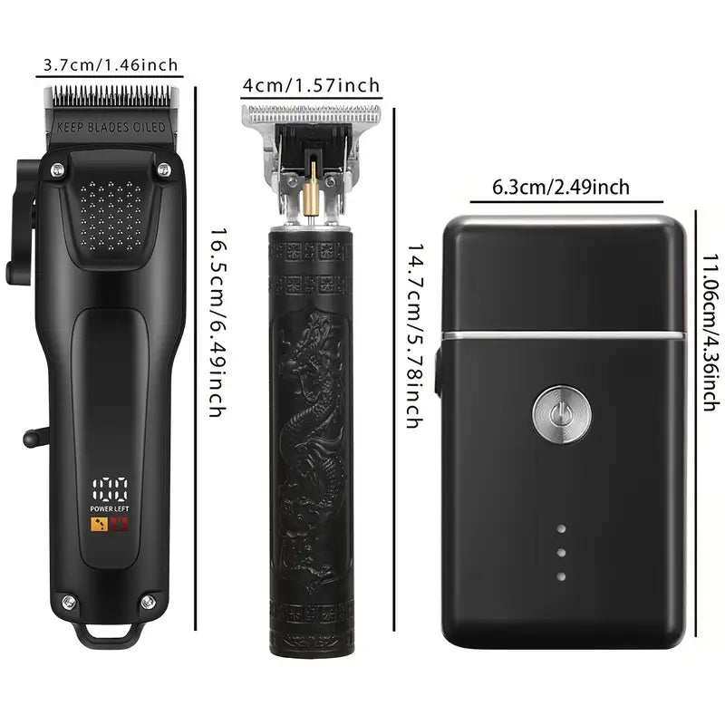 3-Piece Professional Hair and Beard Grooming Set for Men, Wireless Trimmers with LED Display, USB Rechargeable