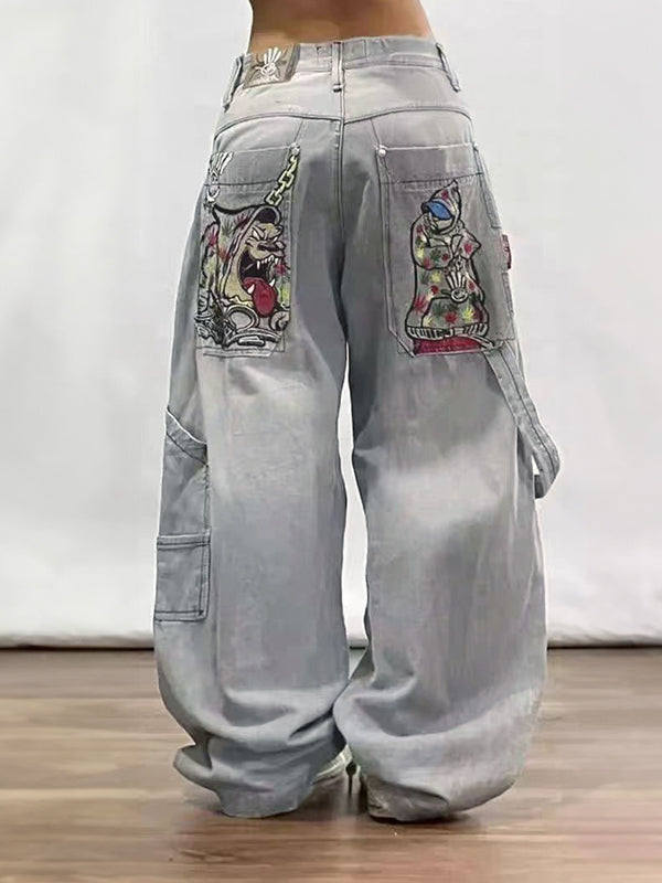 Women's Gray Y2K Hip Hop Boyfriend Jeans