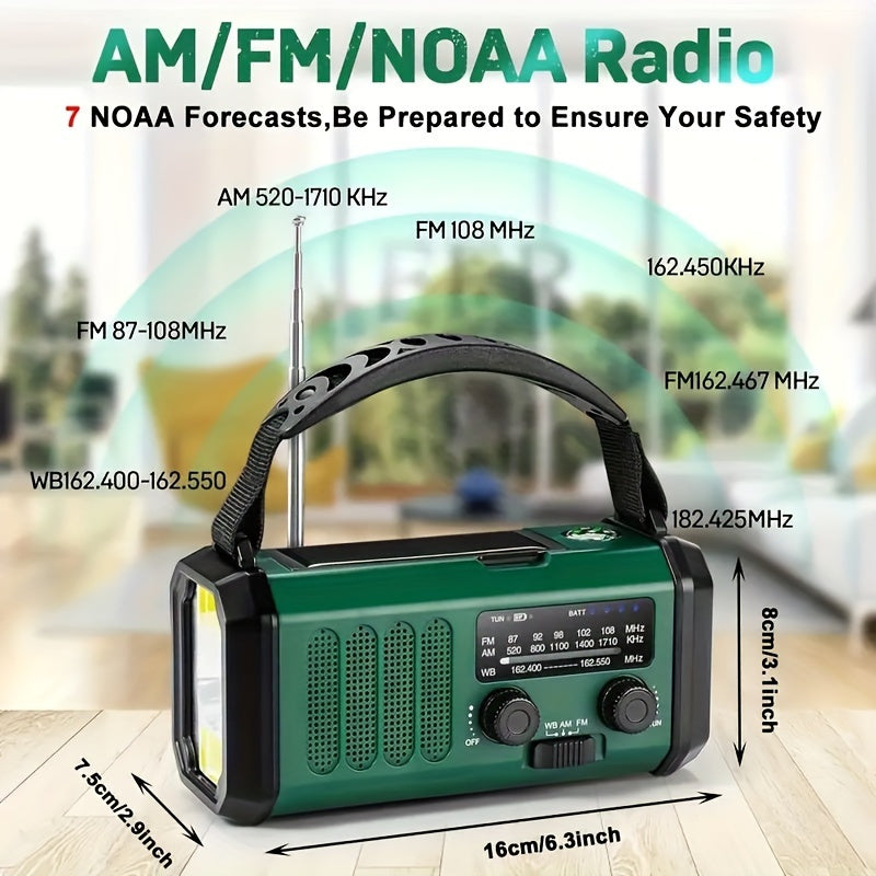 Emergency Radio with 10,000 mAh Power Bank | Solar, Crank & USB-C Charging | LED Light, SOS Alarm & Compass | AM/FM/NOAA