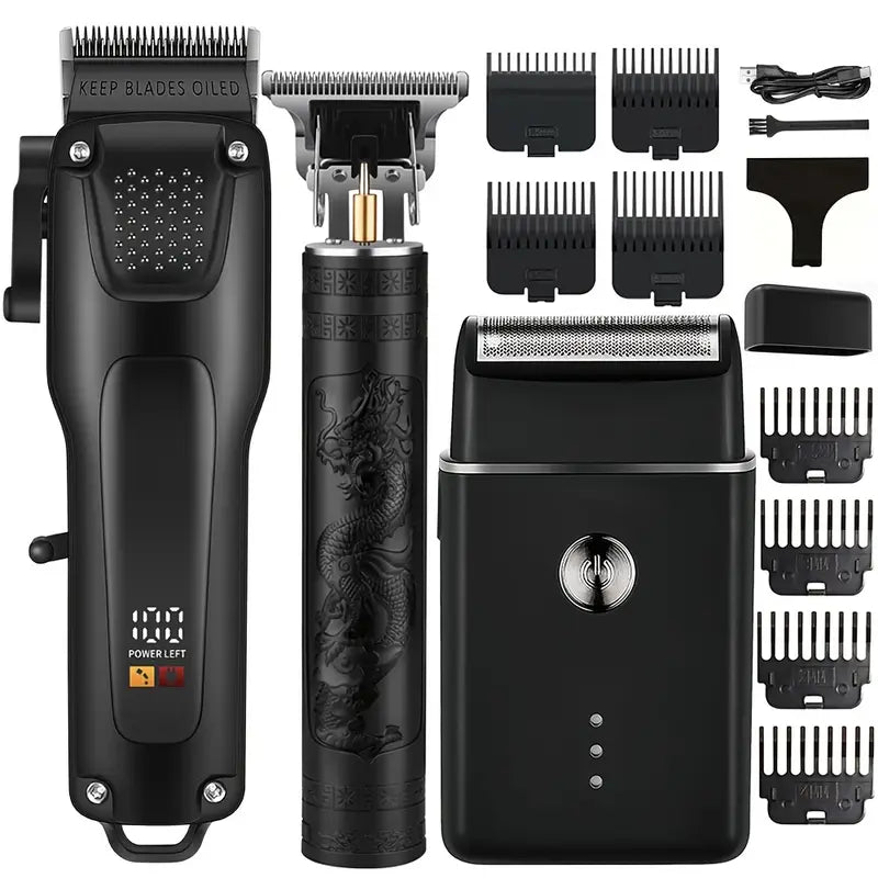 3-Piece Professional Hair and Beard Grooming Set for Men, Wireless Trimmers with LED Display, USB Rechargeable
