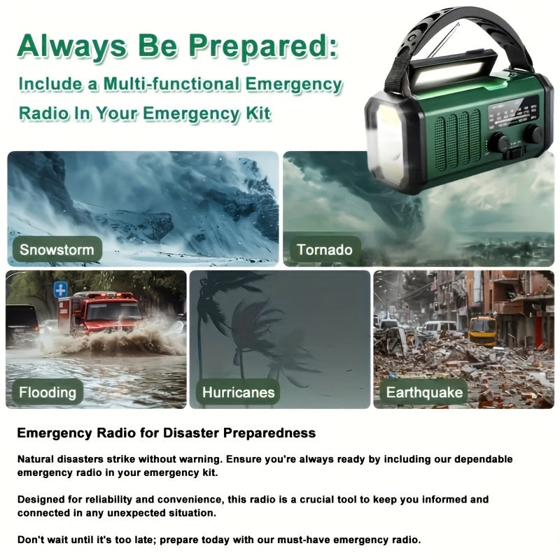 Emergency Radio with 10,000 mAh Power Bank | Solar, Crank & USB-C Charging | LED Light, SOS Alarm & Compass | AM/FM/NOAA
