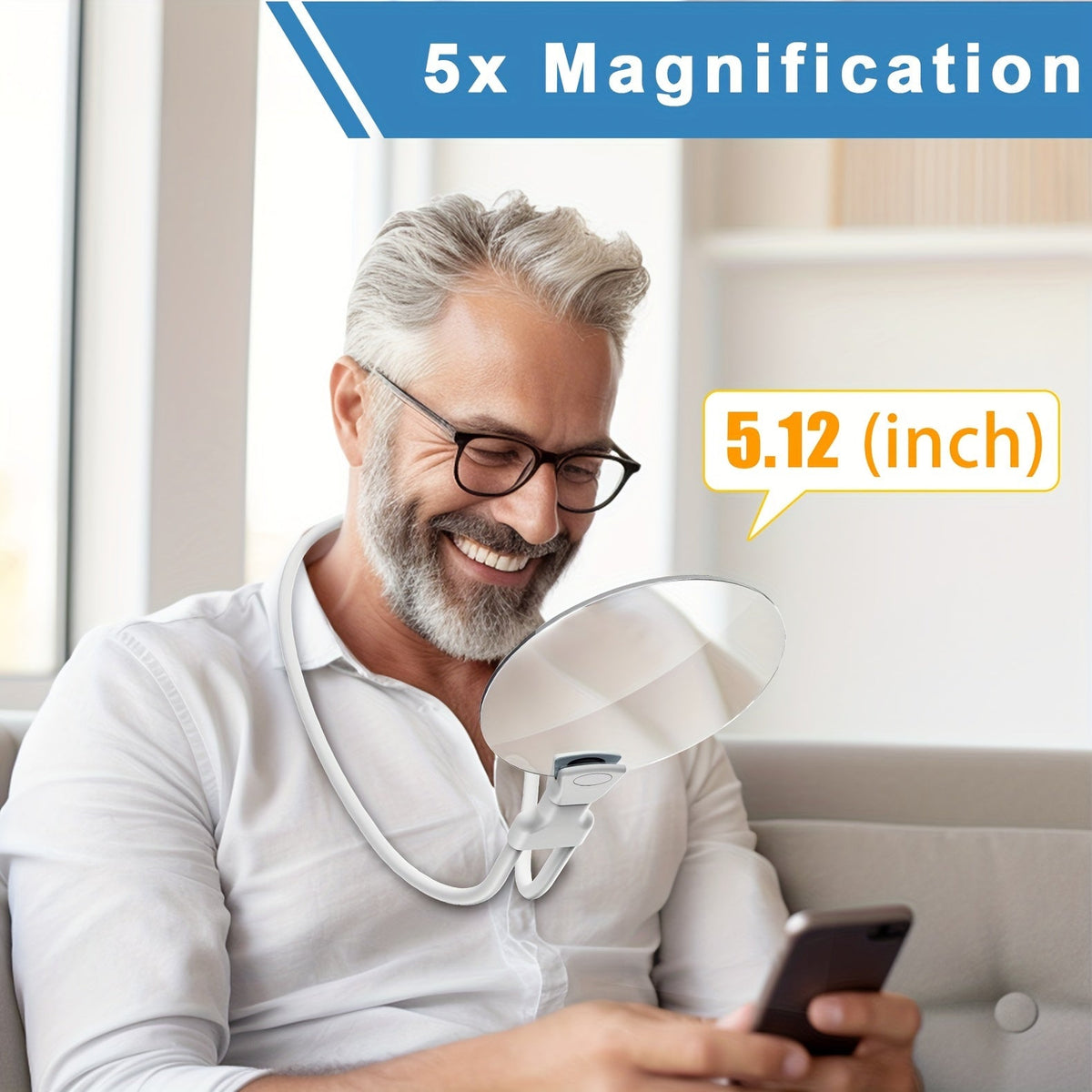 5X Magnifying Glass Pro – Hands-Free Adjustable Neck Magnifier for Seniors and Visually Impaired – Ideal for Reading, Sewing, Crafts, and Inspection