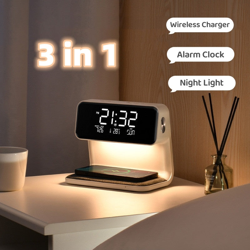 3-in-1 Bedside Lamp with Wireless Charging – LCD Alarm Clock & Touch Dimmable LED Table Light