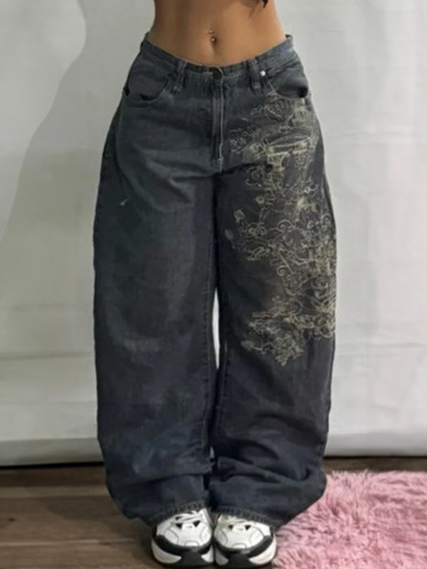 Women's Black American Retro Wide Legs Boyfriend Jeans