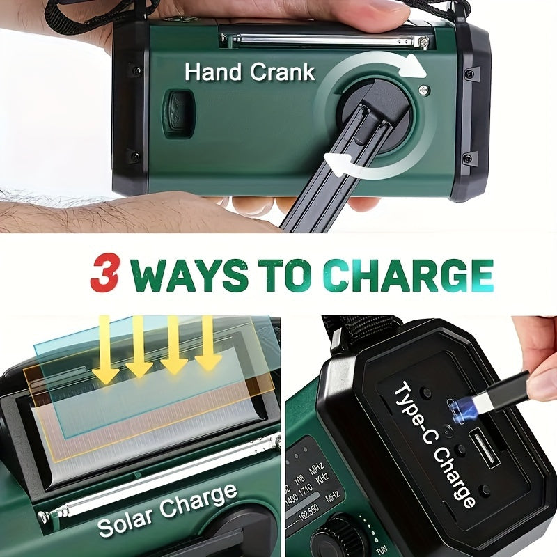 Emergency Radio with 10,000 mAh Power Bank | Solar, Crank & USB-C Charging | LED Light, SOS Alarm & Compass | AM/FM/NOAA