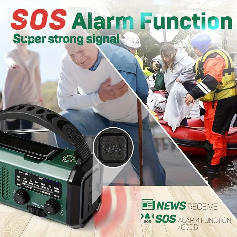 Emergency Radio with 10,000 mAh Power Bank | Solar, Crank & USB-C Charging | LED Light, SOS Alarm & Compass | AM/FM/NOAA