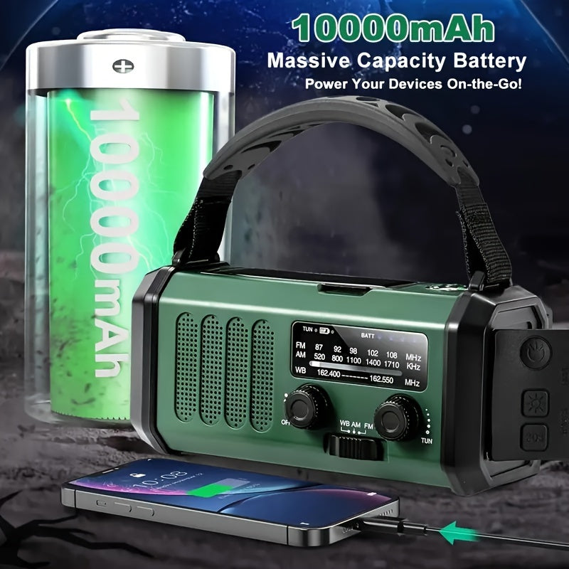 Emergency Radio with 10,000 mAh Power Bank | Solar, Crank & USB-C Charging | LED Light, SOS Alarm & Compass | AM/FM/NOAA
