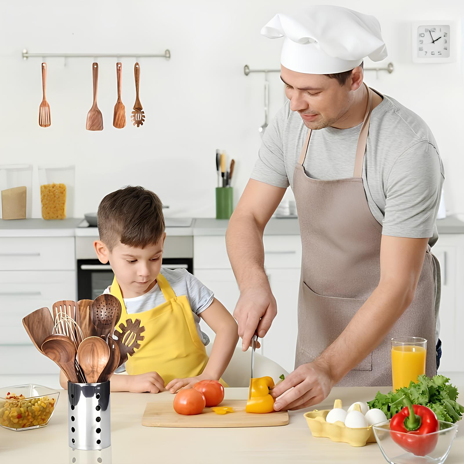 11-Piece Natural Teak Kitchen Utensil Set with Holder