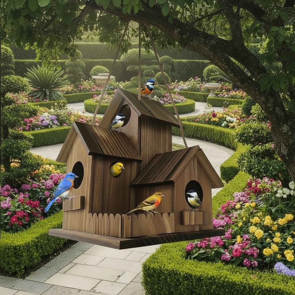 Rustic Solid Wood Birdhouse with Multiple Nesting Chambers for Outdoor Use