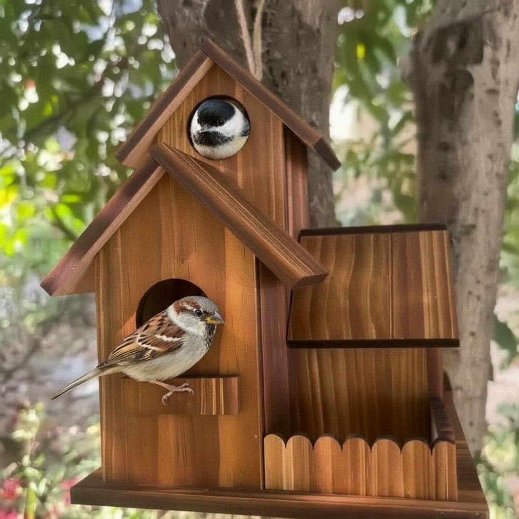 Rustic Solid Wood Birdhouse with Multiple Nesting Chambers for Outdoor Use