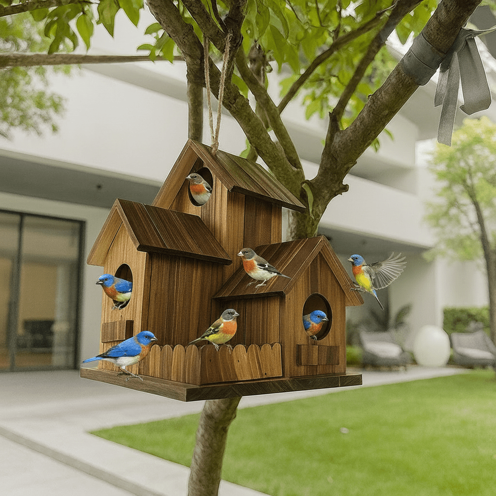 Rustic Solid Wood Birdhouse with Multiple Nesting Chambers for Outdoor Use