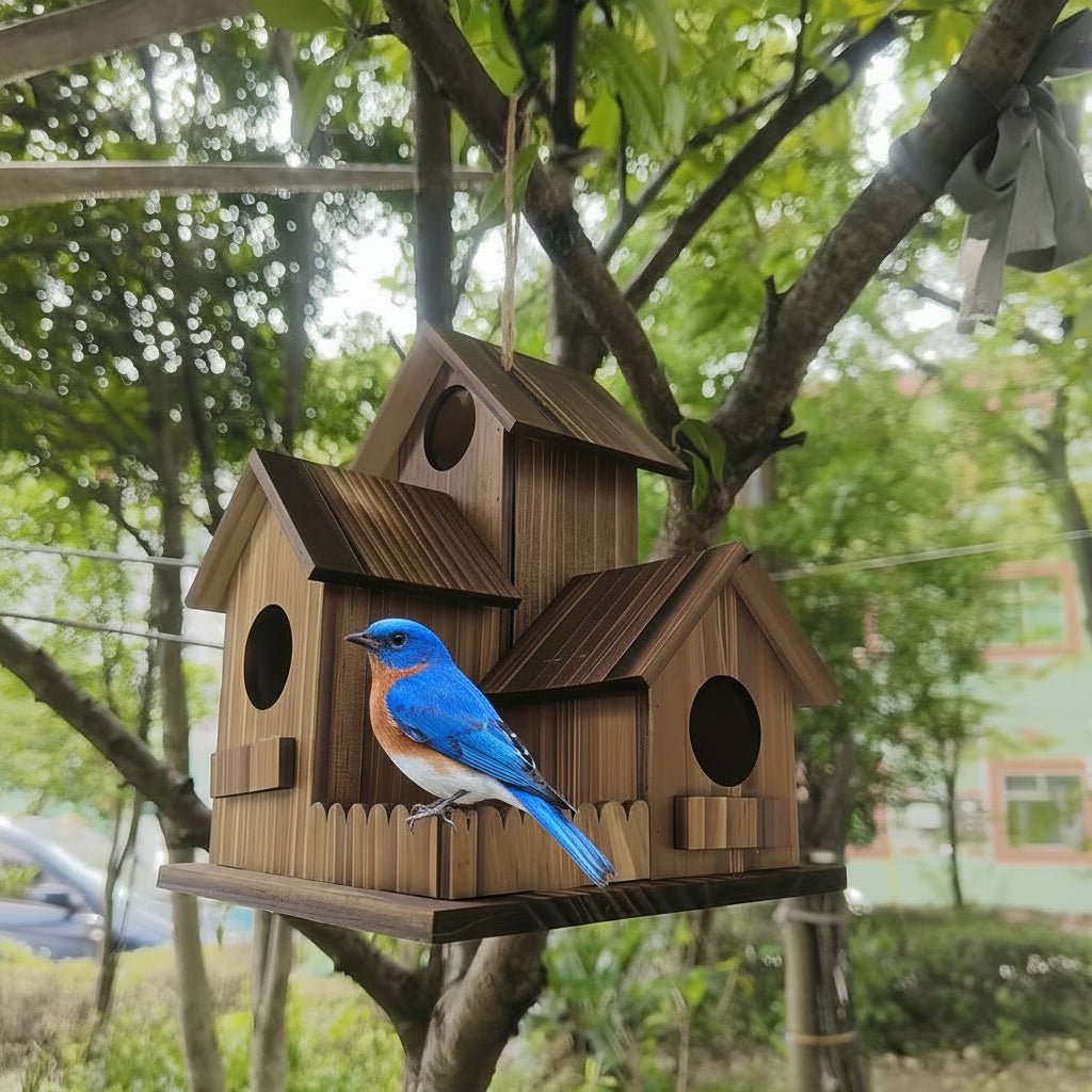 Rustic Solid Wood Birdhouse with Multiple Nesting Chambers for Outdoor Use