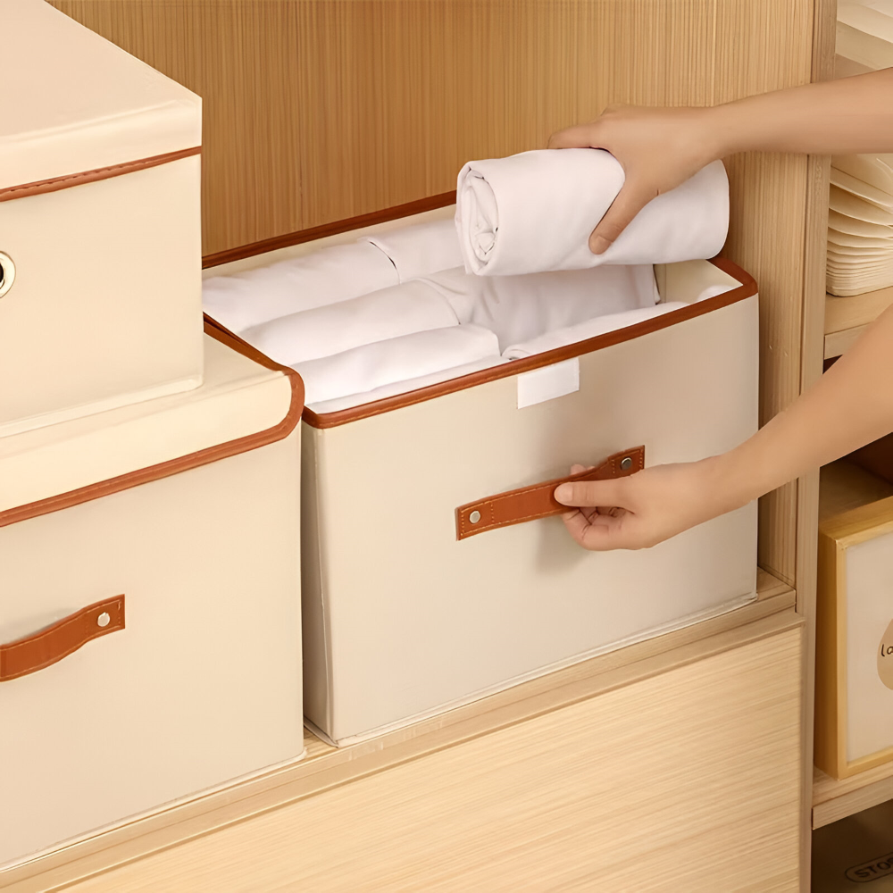 Foldable Storage Box with Lid and Leather Handles
