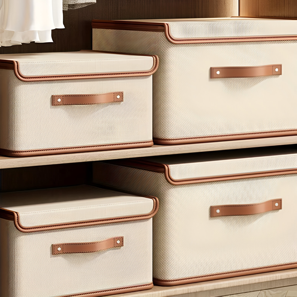 Foldable Storage Box with Lid and Leather Handles