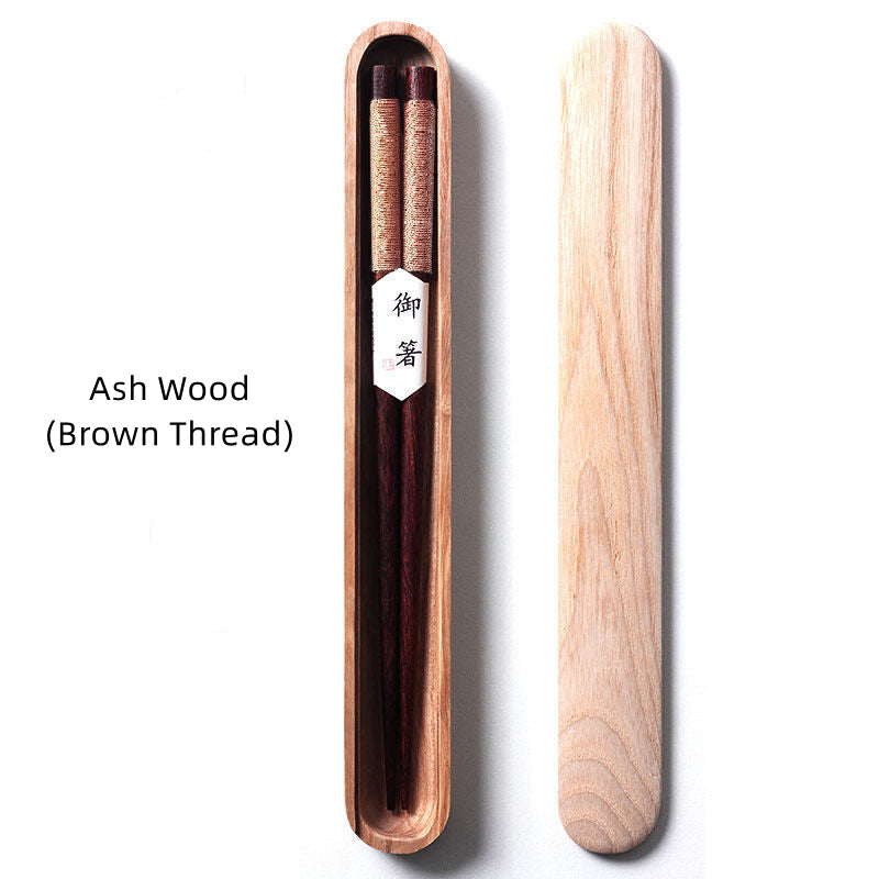Black Walnut Chopsticks with Decorative Thread in Wooden Box