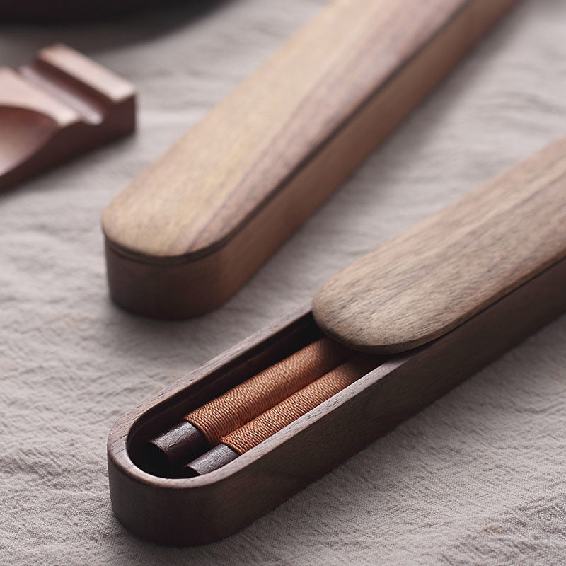 Black Walnut Chopsticks with Decorative Thread in Wooden Box
