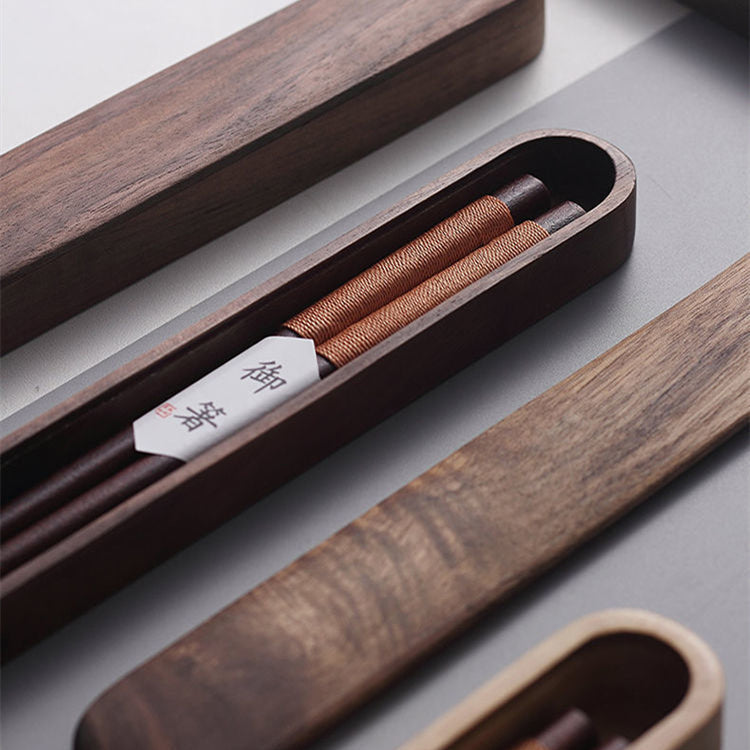 Black Walnut Chopsticks with Decorative Thread in Wooden Box