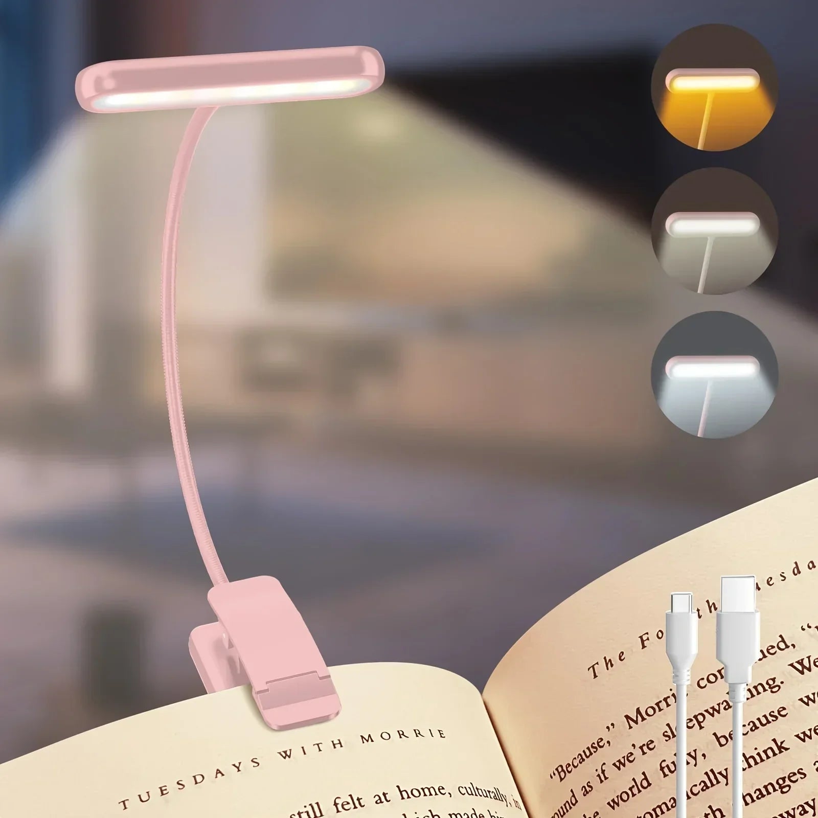 Flexible USB Rechargeable Reading Lamp | 3 Light Colors & Dimmable | Clip-On Design with Adjustable Arm