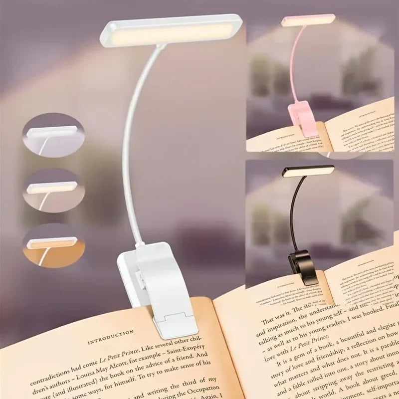 Flexible USB Rechargeable Reading Lamp | 3 Light Colors & Dimmable | Clip-On Design with Adjustable Arm