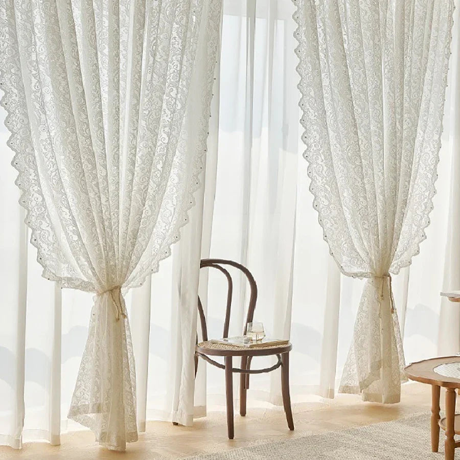 French Country Style Lace Curtain with Beaded Phoenix Tail Detail