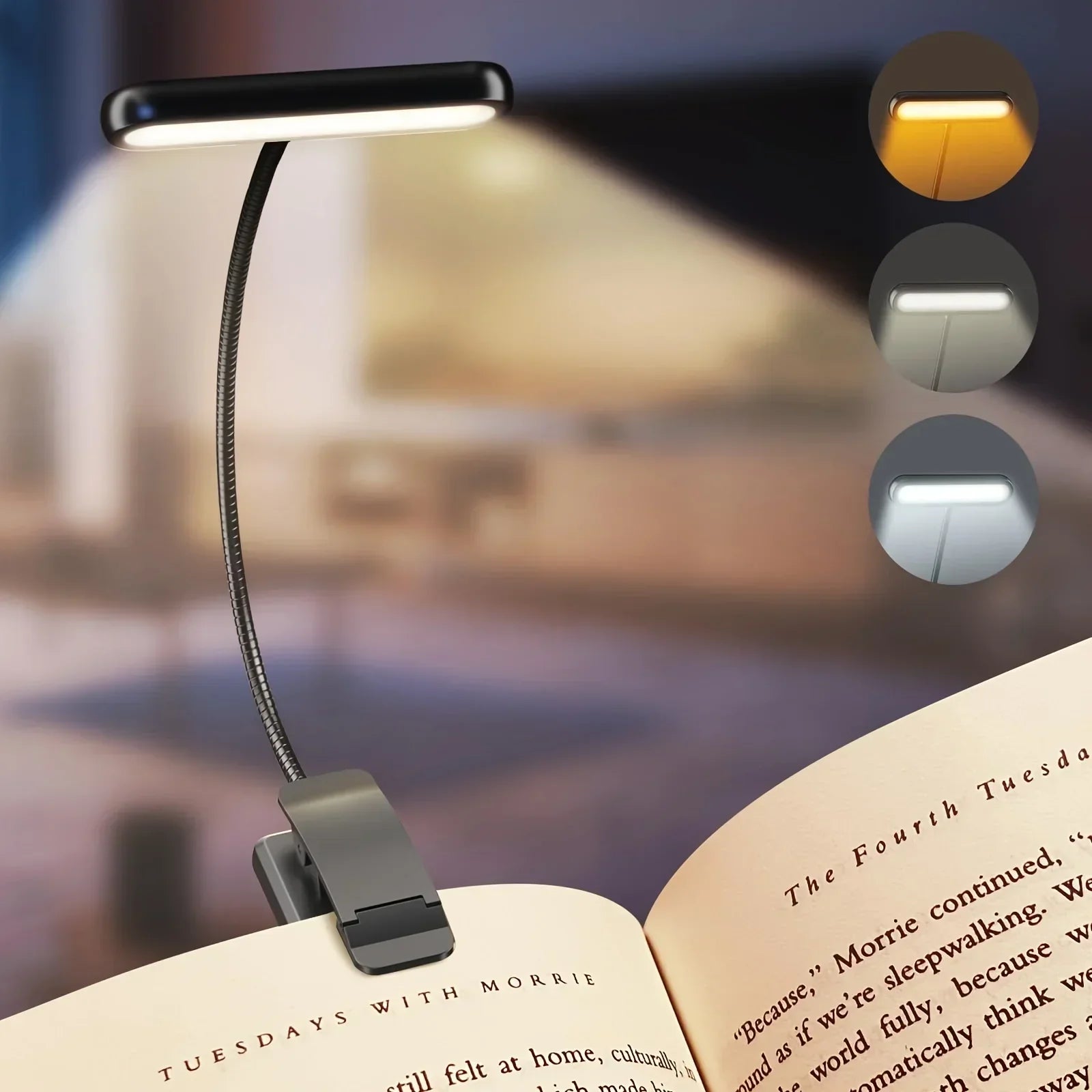 Flexible USB Rechargeable Reading Lamp | 3 Light Colors & Dimmable | Clip-On Design with Adjustable Arm