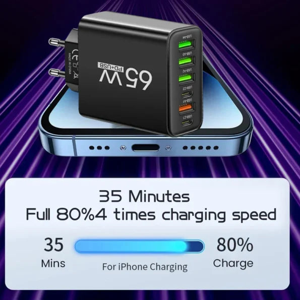 65W 6-in-1 Fast Charger – Charge Up to 6 Devices at Once – Perfect for Home, Office, and Travel