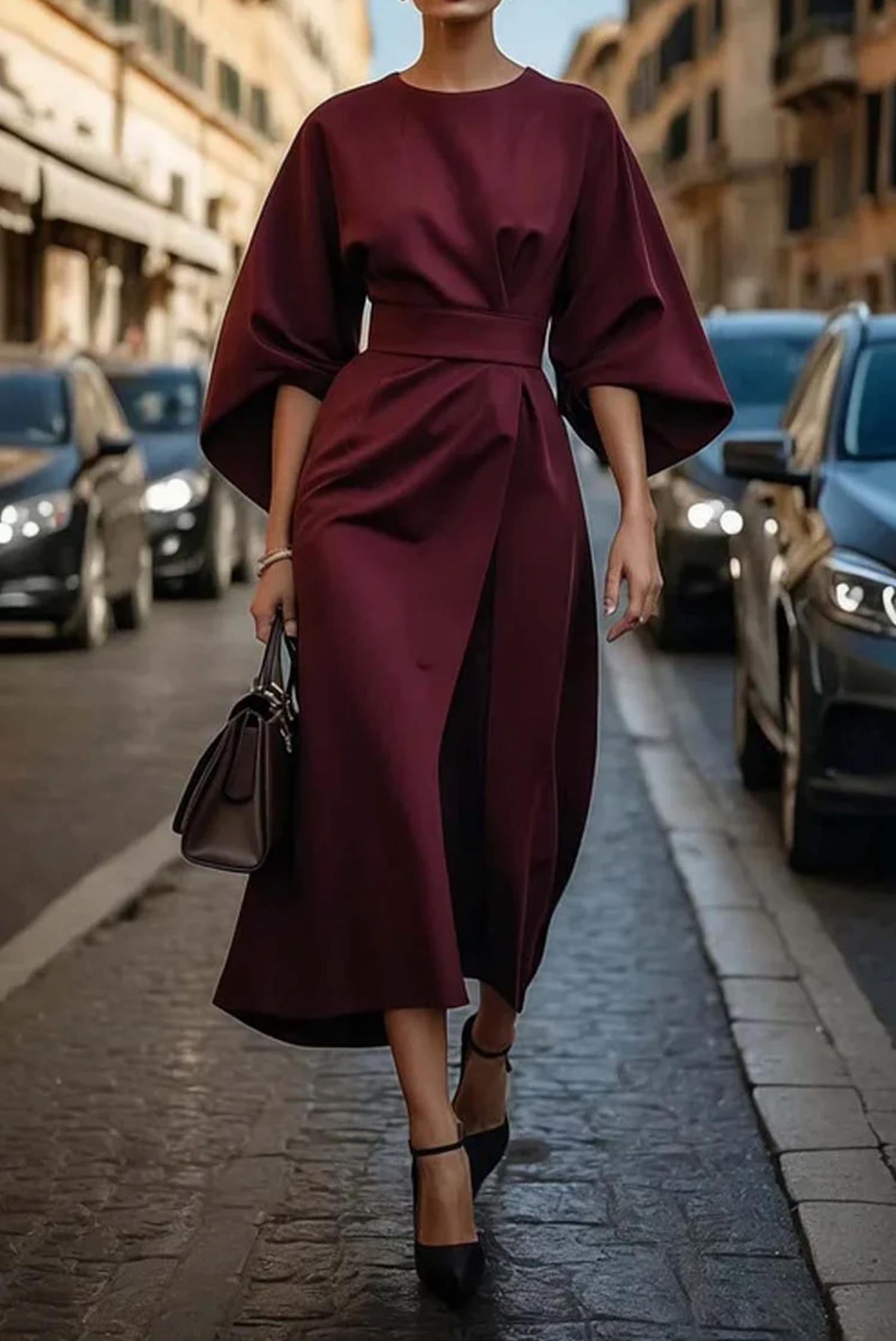 Women's Lantern Sleeves and Belt Dress | Elegant