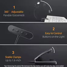 Flexible USB Rechargeable Reading Lamp | 3 Light Colors & Dimmable | Clip-On Design with Adjustable Arm