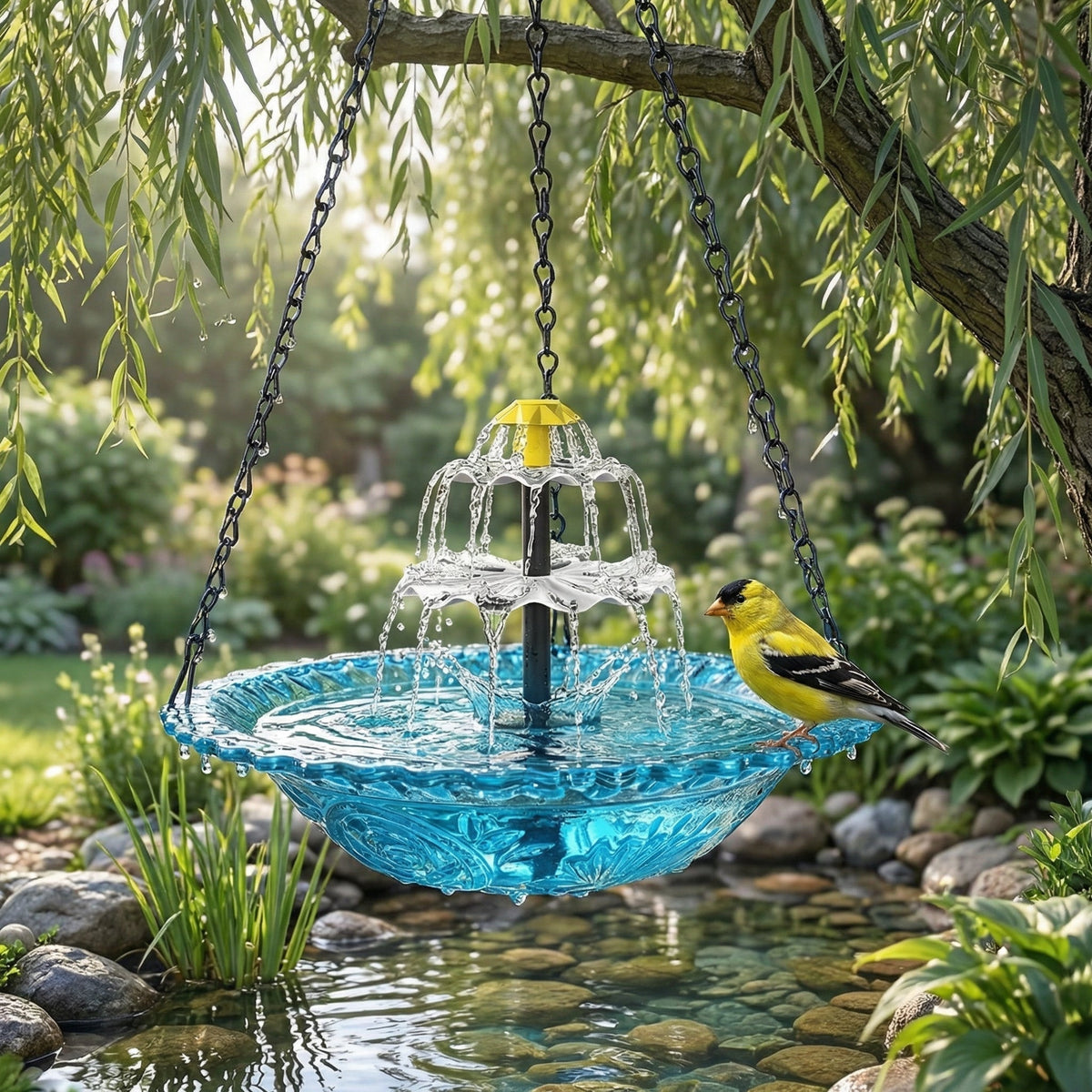 Solar-Powered Two-Tier Hanging Bird Bath with Fountain | Glass Bowl