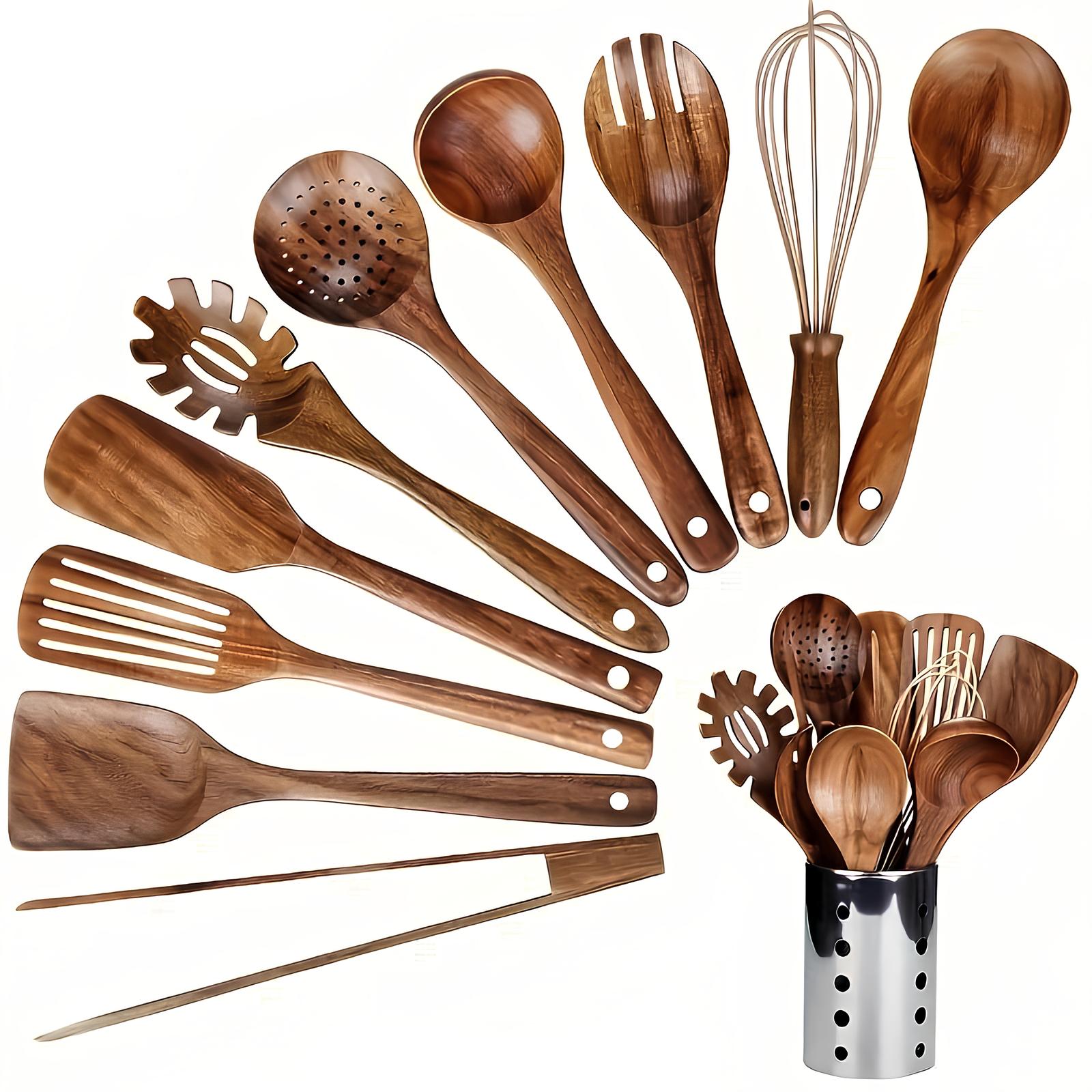 11-Piece Natural Teak Kitchen Utensil Set with Holder