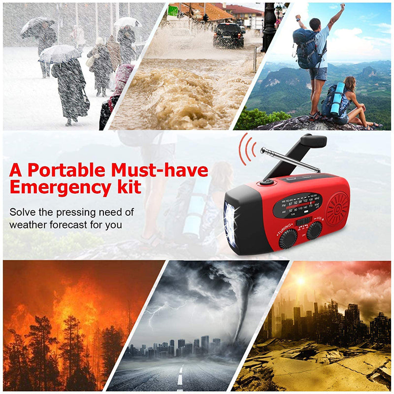 Self-Powered Emergency Radio – Hand Crank, Solar, Flashlight & Power Bank – FM/AM Radio, Essential for Disasters and Emergencies